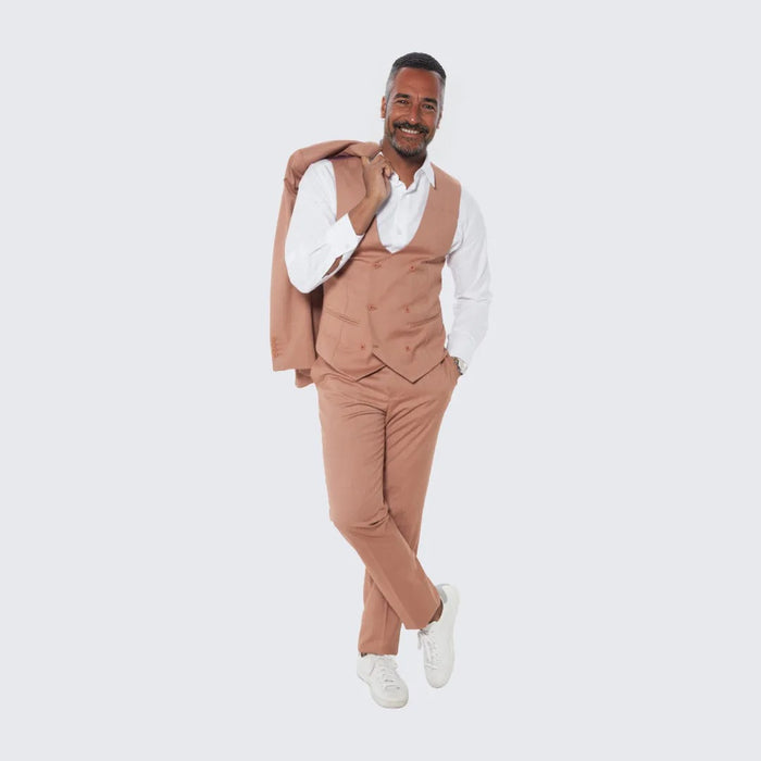 Peach Slim Fit Suit With Double Breasted Vest - Wedding - Prom