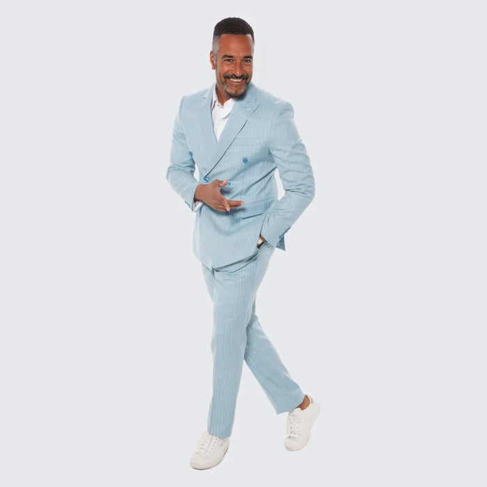 Teal Pinstripe Suit Double Breasted Wide Peak Lapel - Wedding - Prom
