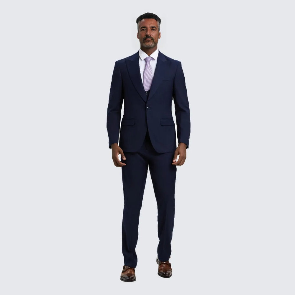 Navy Blue Slim Fit Three Piece Suit with Large Peak Lapel by Stacy Adams - Wedding - Prom