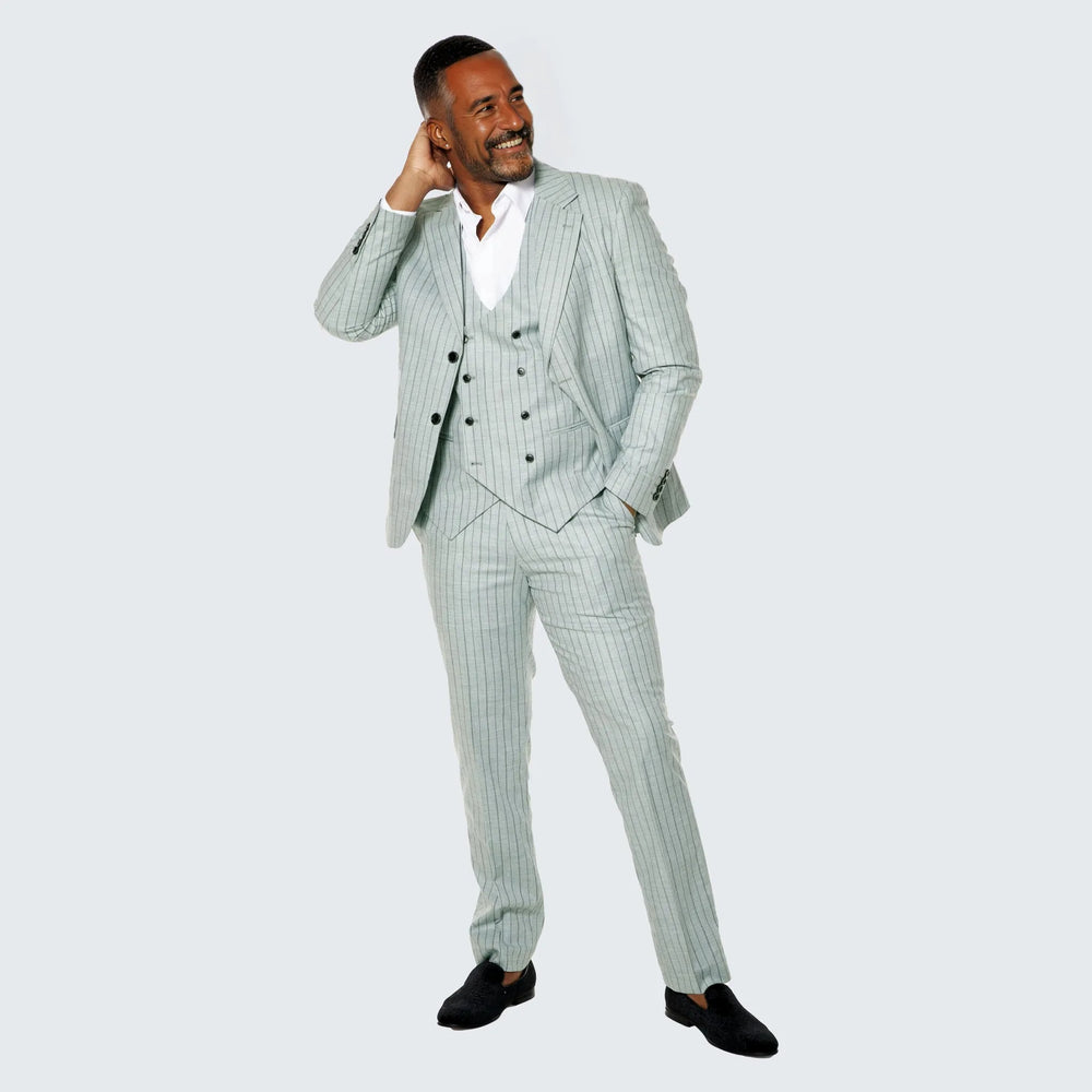Mint Grey Suit with Pinstripes Three Piece Set - Wedding - Prom