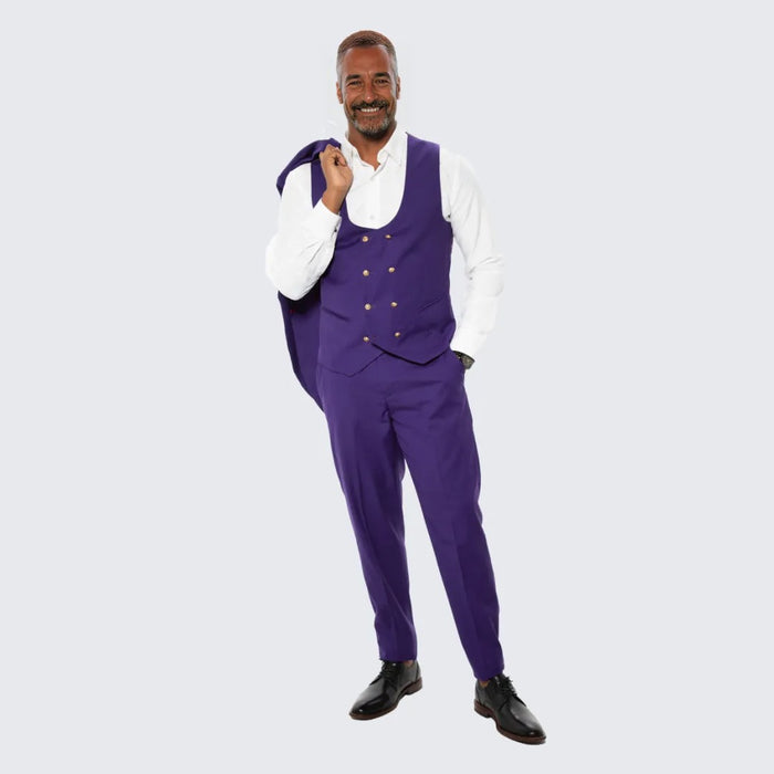 Purple Skinny Fit Suit Three Piece Set with Double Breasted Vest - Wedding - Prom