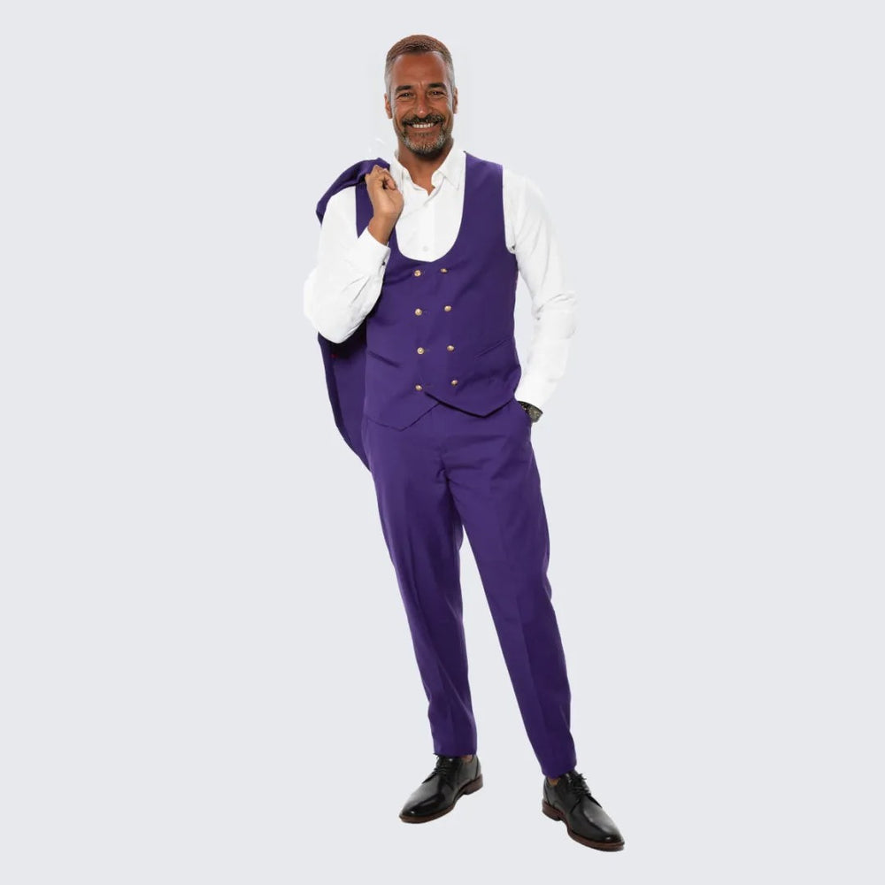 Purple Skinny Fit Suit Three Piece Set with Double Breasted Vest - Wedding - Prom