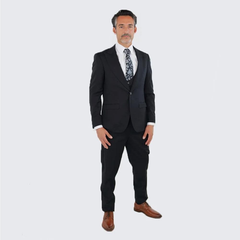 Black Slim Fit Three Piece Suit with Large Peak Lapel by Stacy Adams - Wedding - Prom