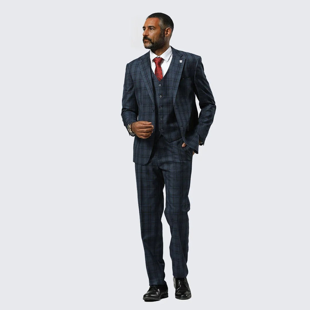 Navy Blue Watch Plaid Three Piece Suit By Stacy Adams- Wedding - Prom