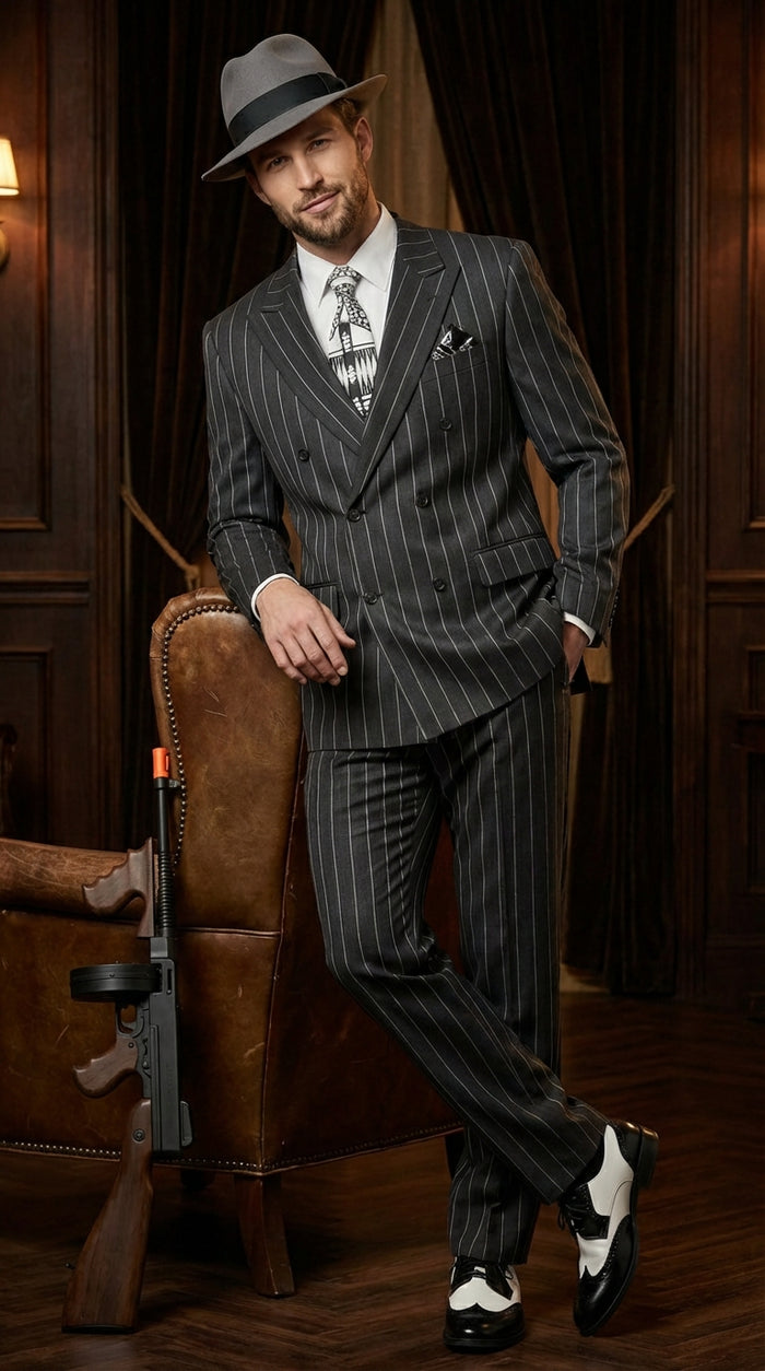Mens Black Pinstripe AI Capone Suit – Vintage 1920s Gangster Style