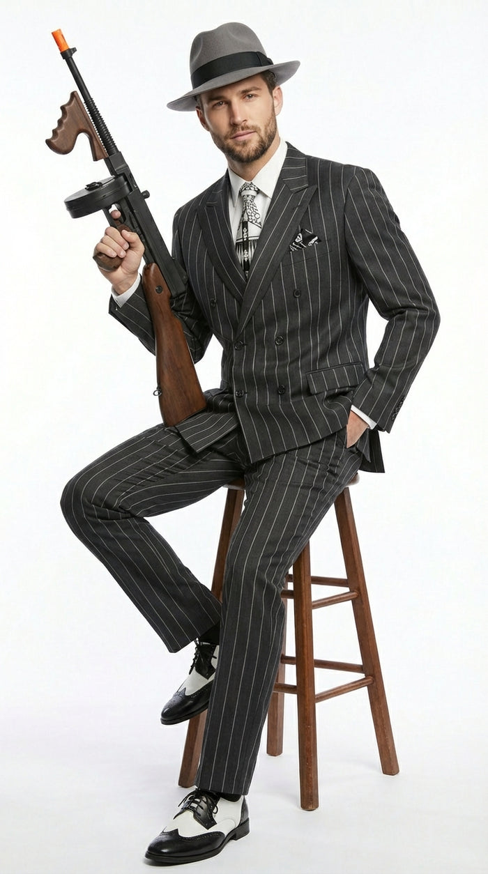Mens Black Pinstripe AI Capone Suit – Vintage 1920s Gangster Style
