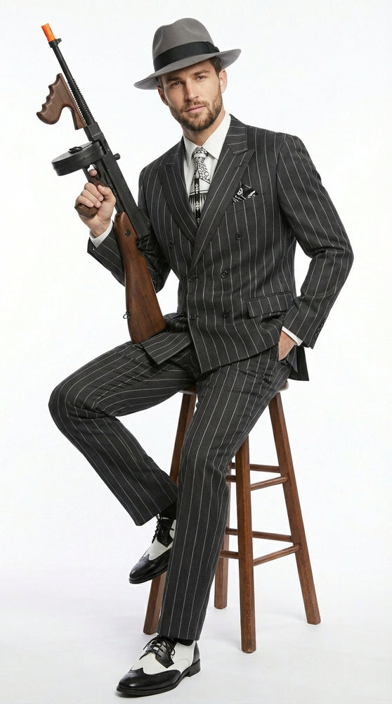 Mens Black Pinstripe AI Capone Suit – Vintage 1920s Gangster Style