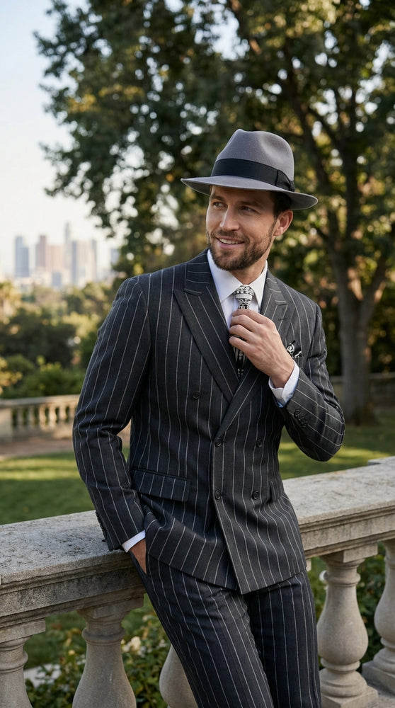 Mens Black Pinstripe AI Capone Suit – Vintage 1920s Gangster Style