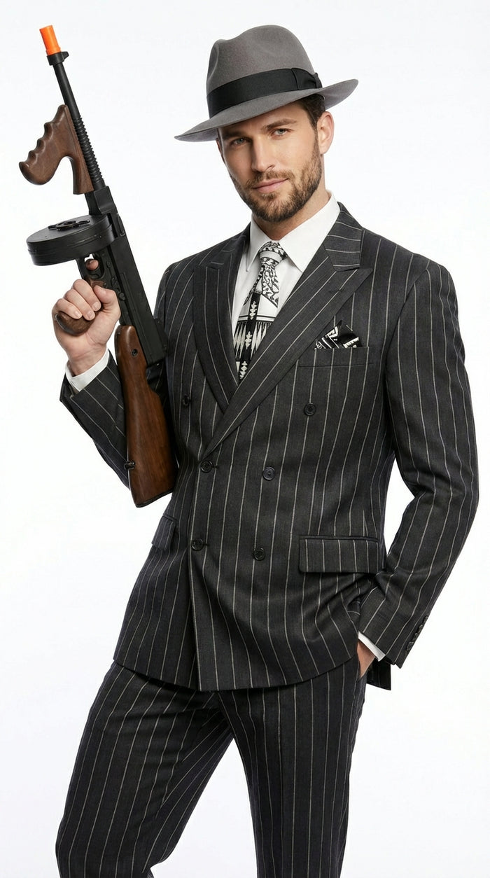 Mens Black Pinstripe AI Capone Suit – Vintage 1920s Gangster Style