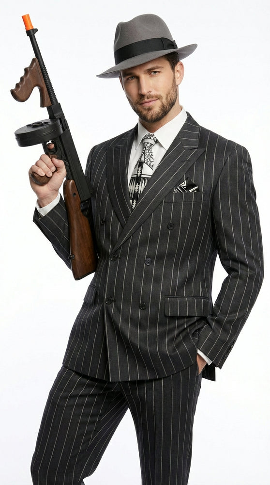 Mens Black Pinstripe AI Capone Suit – Vintage 1920s Gangster Style