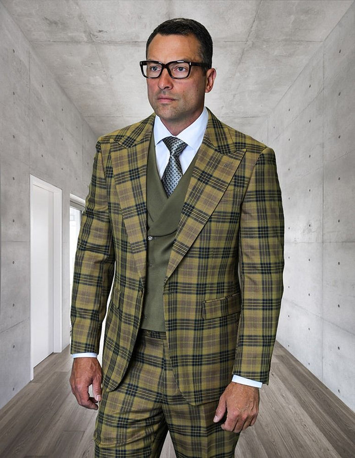 Statement Men’s 3-Piece Plaid Wool Suit – 100% Wool Modern Fit with Wide Peak Lapel