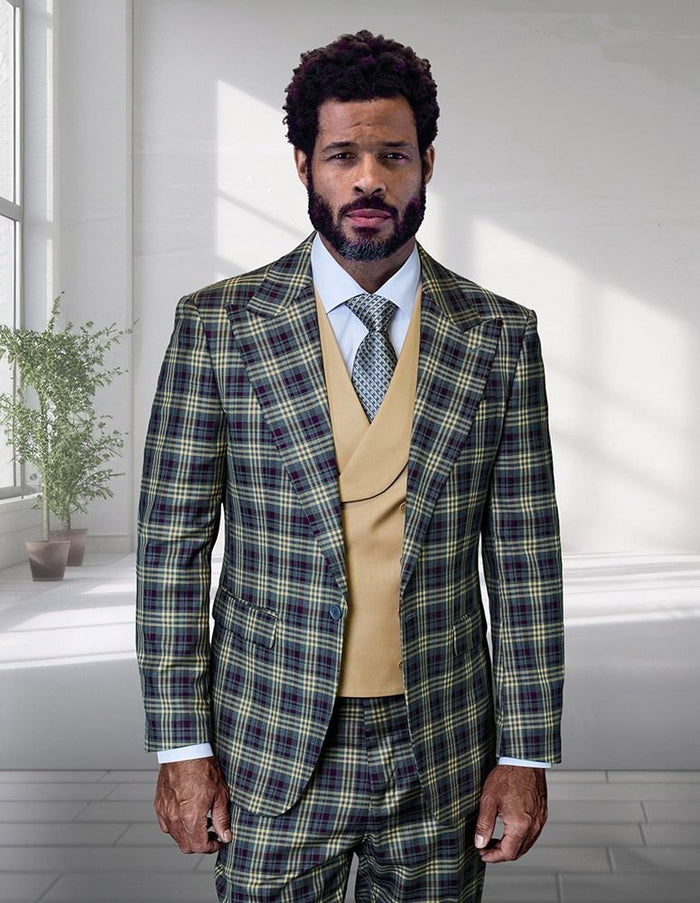 Statement Men’s 3-Piece Plaid Wool Suit – 100% Wool Modern Fit with Wide Peak Lapel