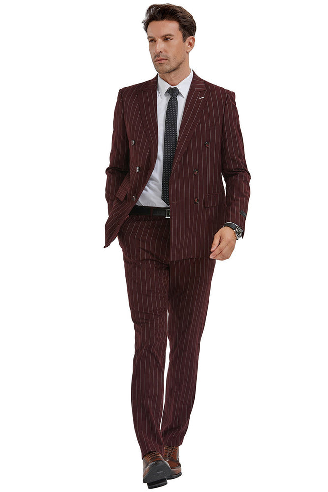 Men's Slim Fit Burgundy Pinstripe Suit by Tazzio Suits