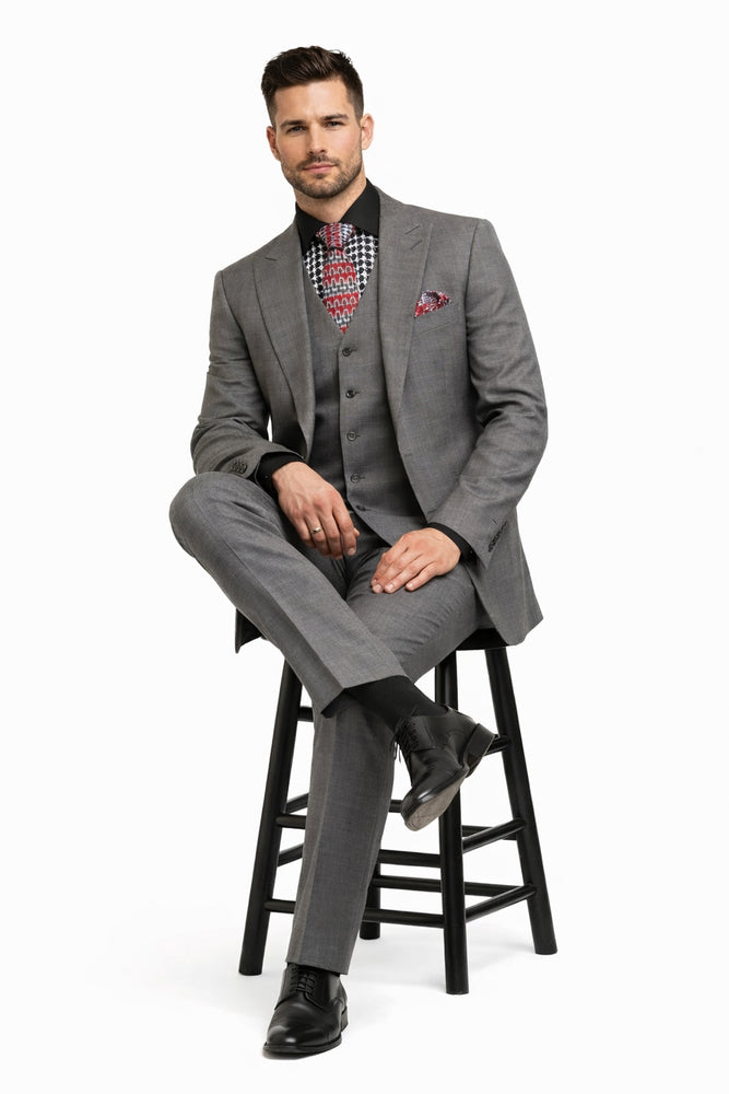 Apollo King Men's Charcoal Grey 2 Buttons Peak Lapel Side Vents Classic Business Suit