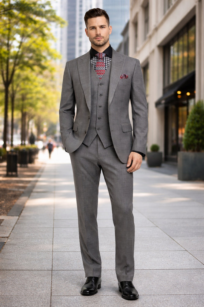 Apollo King Men's Charcoal Grey 2 Buttons Peak Lapel Side Vents Classic Business Suit