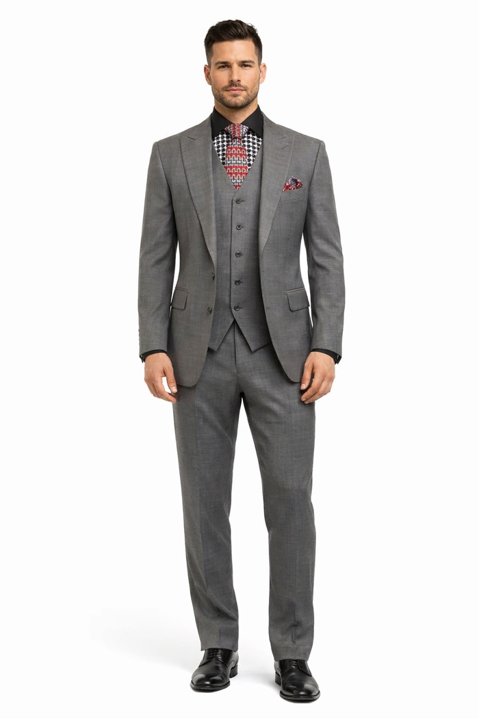 Apollo King Men's Charcoal Grey 2 Buttons Peak Lapel Side Vents Classic Business Suit