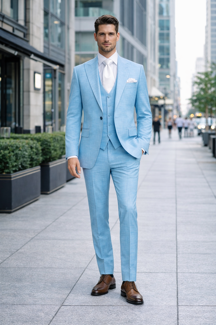 Aqua Horizon Textured Blue 3-Piece Luxe Suit by Rossiman