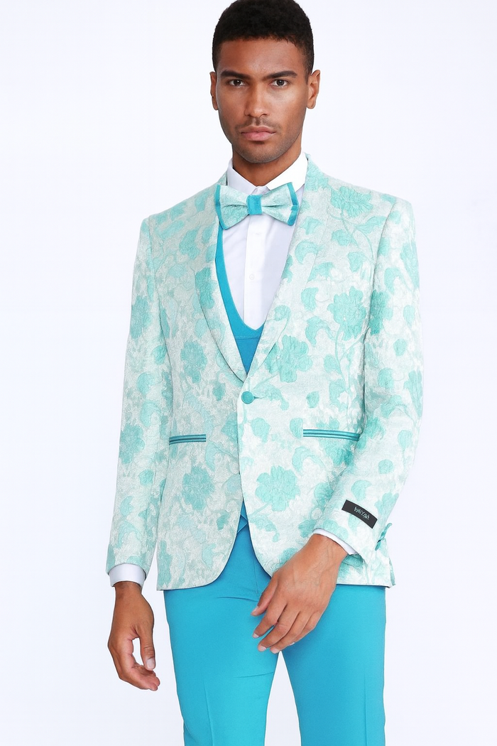Aqua Tuxedo with Floral Pattern Four Piece Set - Wedding - Prom 2026 - Men's Flower Suit