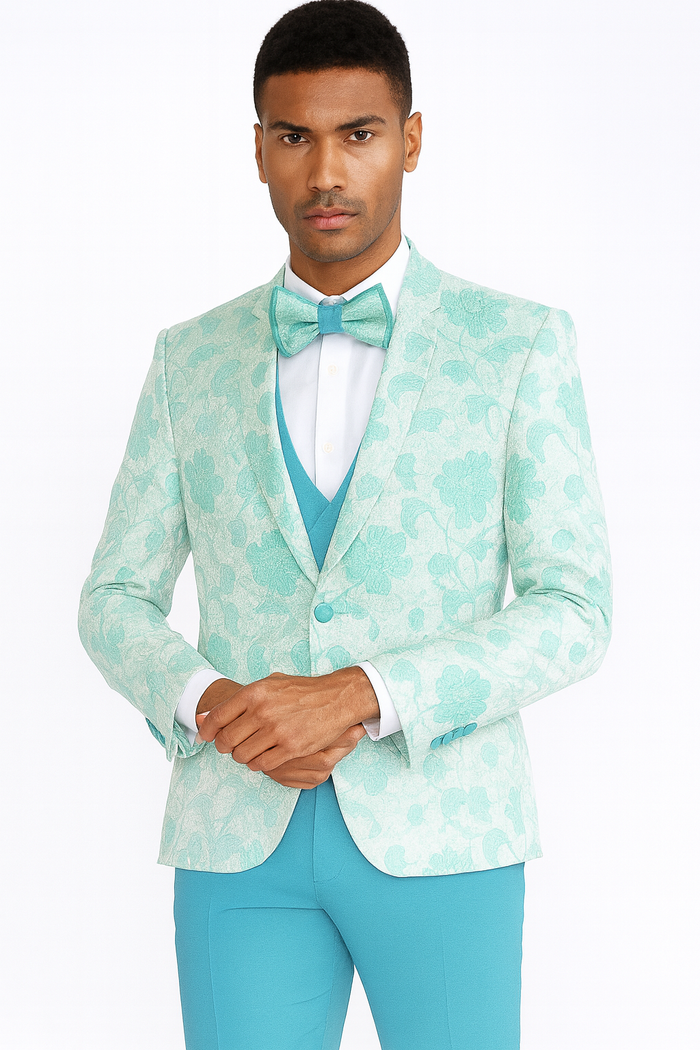 Aqua Tuxedo with Floral Pattern Four Piece Set - Wedding - Prom 2026 - Men's Flower Suit