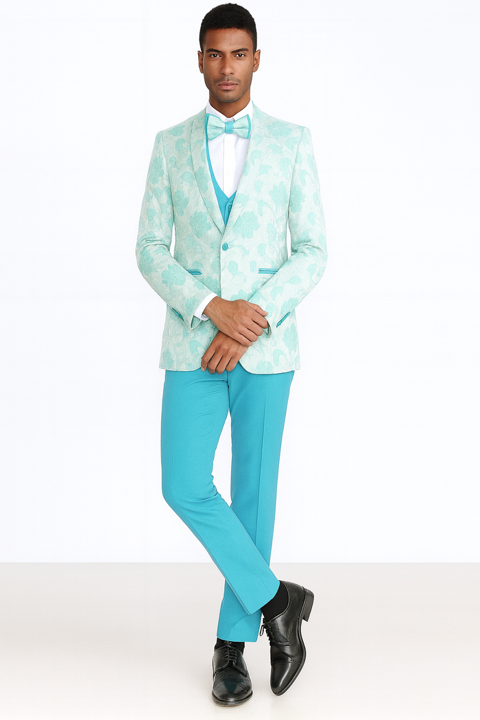 Aqua Tuxedo with Floral Pattern Four Piece Set - Wedding - Prom 2026 - Men's Flower Suit