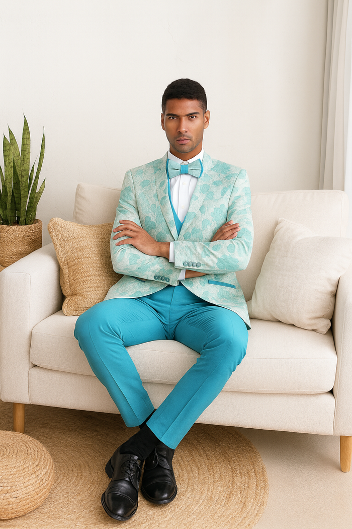 Aqua Tuxedo with Floral Pattern Four Piece Set - Wedding - Prom 2026 - Men's Flower Suit