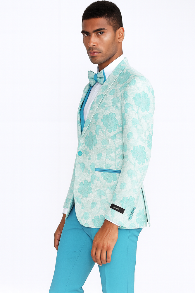 Aqua Tuxedo with Floral Pattern Four Piece Set - Wedding - Prom 2025 - Men's Flower Suit