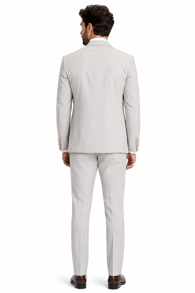 Men's Ash Statement Ticket Pocket Peak Lapel Wool Double Breasted Vest Suit with Gold Buttons – Modern Fit