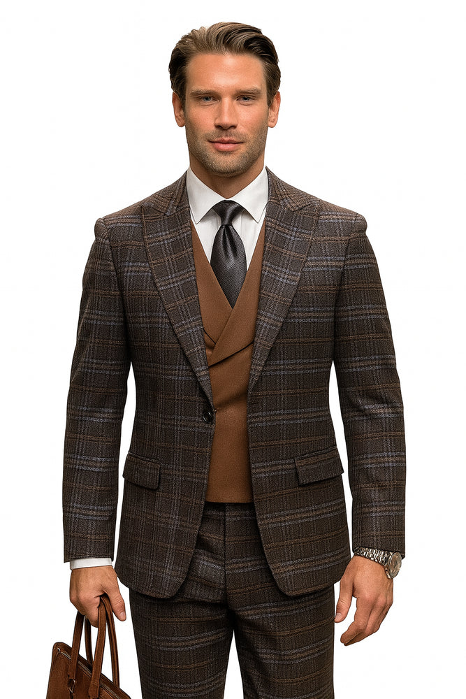 Athletic Suit - Brown Windowpane - Plaid Suit Modern Fit Side Vented Super 150's Wool Fabric