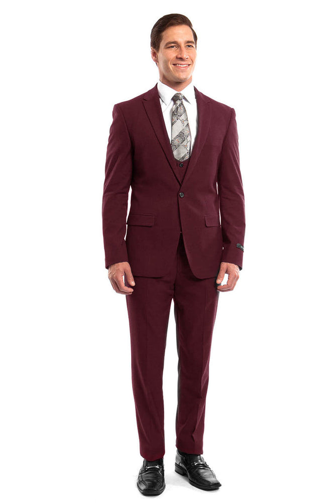 Men's Burgundy Peak Lapel Suit for Weddings and Prom