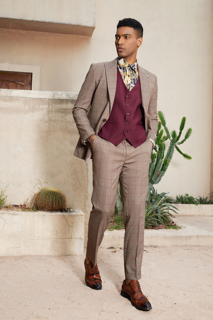 Light Brown Windowpane Hybrid Fit Suit by Stacy Adams - Wedding - Prom