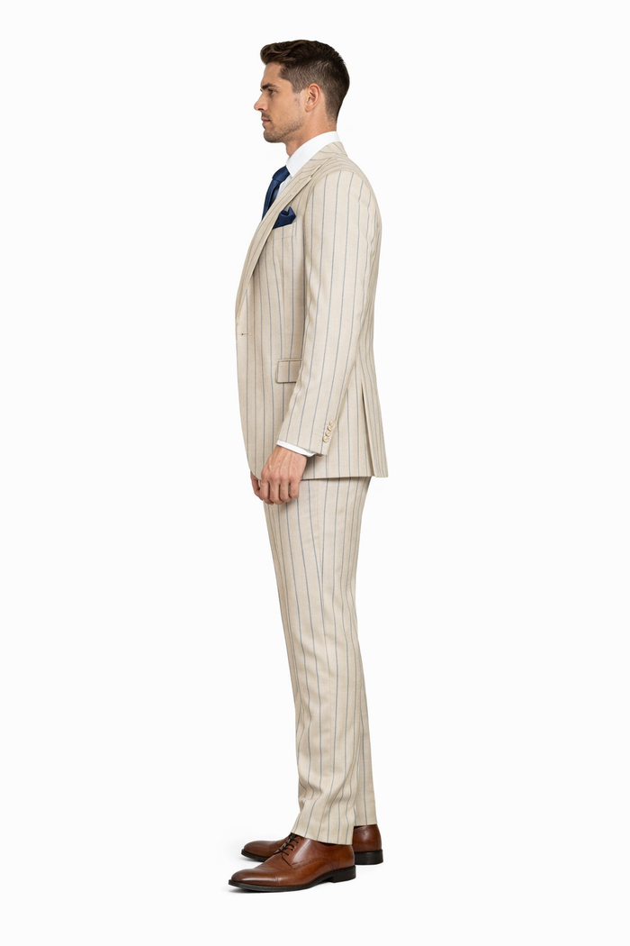 Sandline Beige & Blue Pinstripe 3-Piece Executive Suit by Rossiman