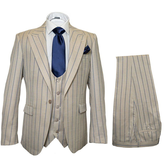 Sandline Beige & Blue Pinstripe 3-Piece Executive Suit by Rossiman
