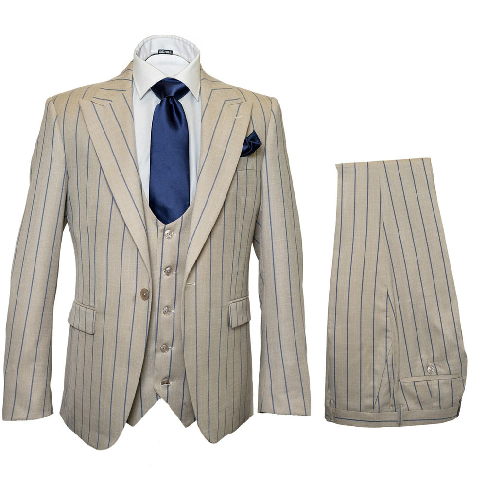 Sandline Beige & Blue Pinstripe 3-Piece Executive Suit by Rossiman