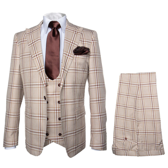 Beige & Brown Windowpane 3-Piece Modern Classic Suit by Rossiman