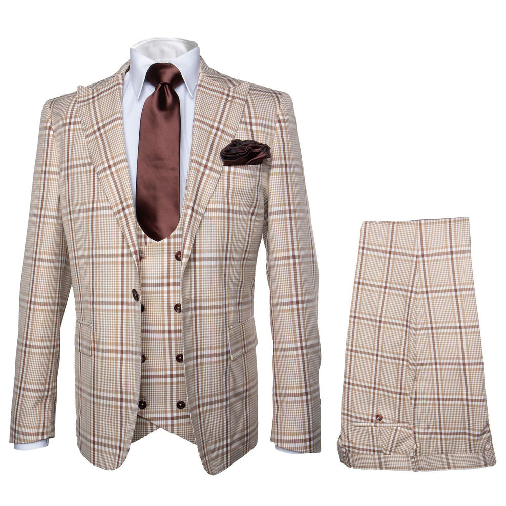 Beige & Brown Windowpane 3-Piece Modern Classic Suit by Rossiman
