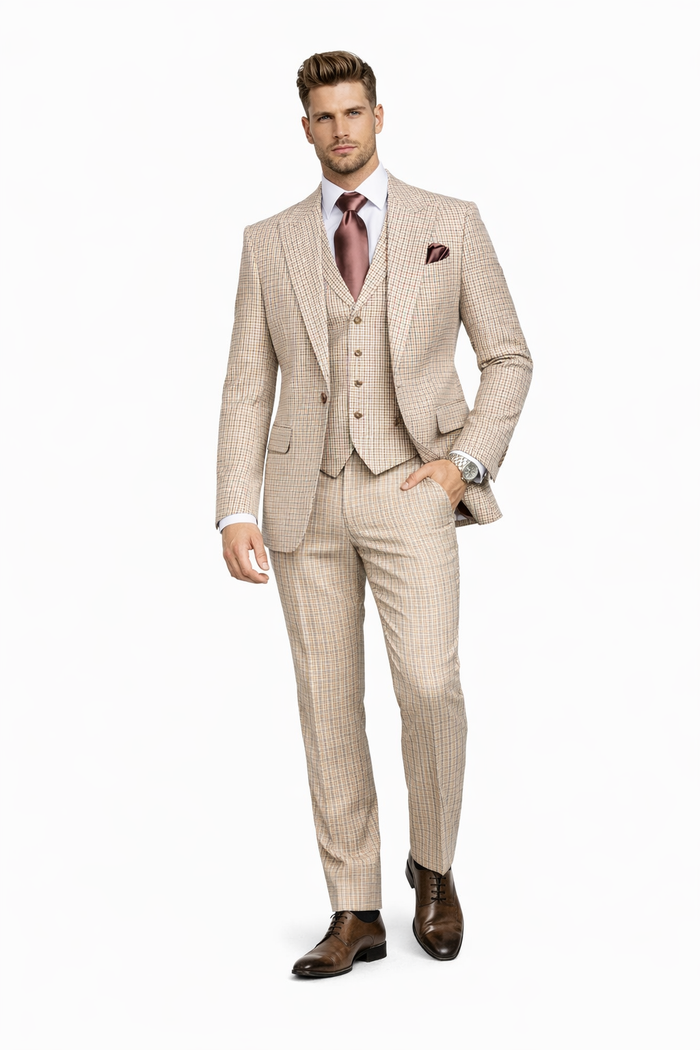 Beige Heritage Microcheck 3-Piece Tailored Elegance Suit