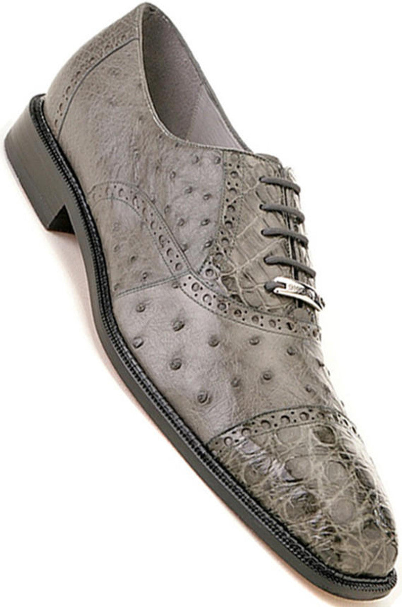 Belvedere Men's Black Cap Toe Ostrich & Crocodile Onesto Shoes