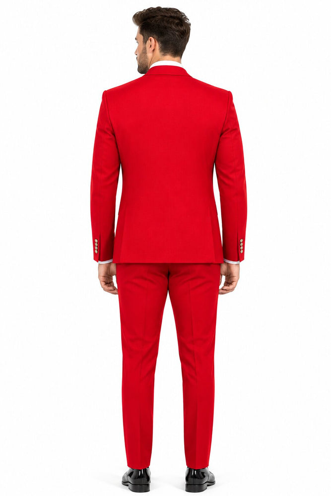 Men's Berry Statement Ticket Pocket Peak Lapel Wool Double Breasted Vest Suit with Gold Buttons – Modern Fit