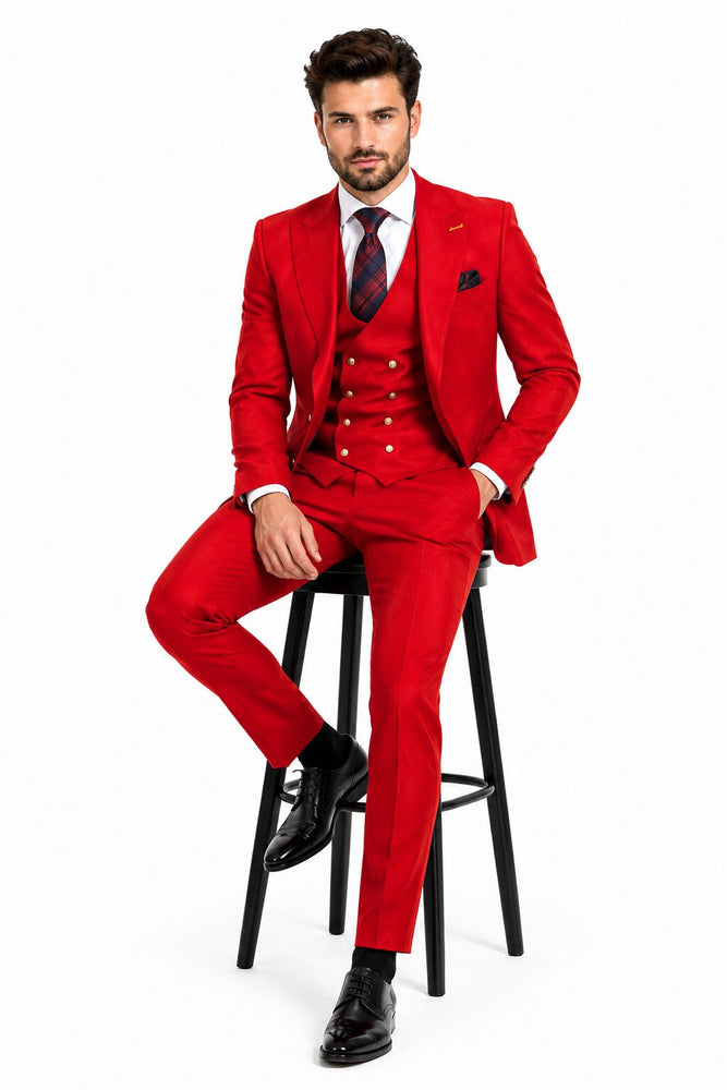 Men's Berry Statement Ticket Pocket Peak Lapel Wool Double Breasted Vest Suit with Gold Buttons – Modern Fit