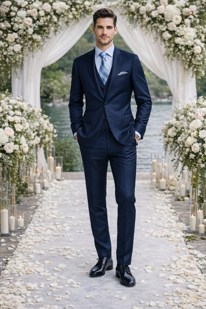 Bertolini 3 Piece Wool/Silk Solid Navy Suit