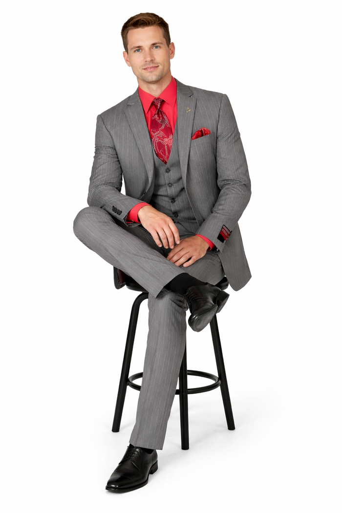 Big and Tall Grey Pinstripe Vested Suit