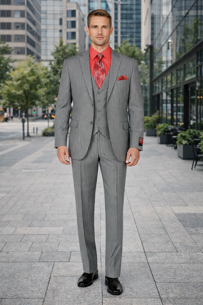 Big and Tall Grey Pinstripe Vested Suit