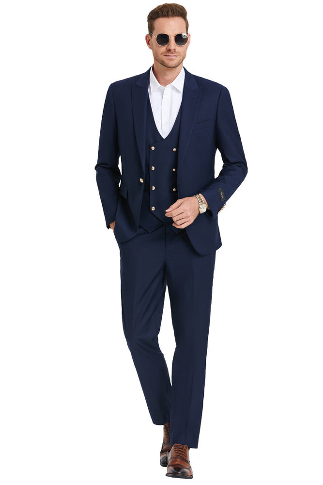 Men's Navy Blue One Button Peak Lapel Suit with Gold Buttons