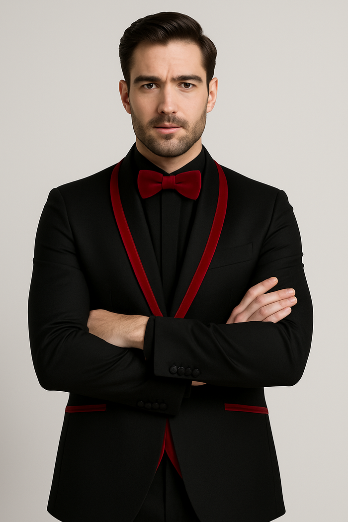 Prom 2026 ~ Wedding Tuxedo Dinner Jacket Black/Burgundy Trim