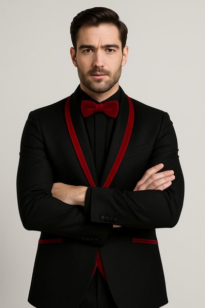 Prom 2026 ~ Wedding Tuxedo Dinner Jacket Black/Burgundy Trim