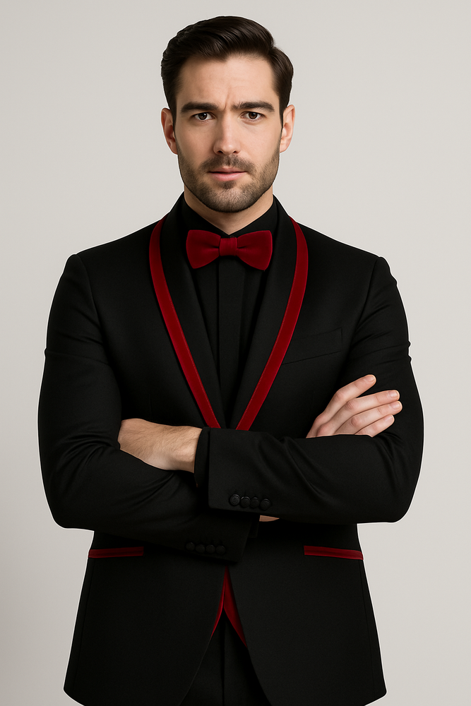 Prom 2025 ~ Wedding Tuxedo Dinner Jacket Black/Burgundy Trim