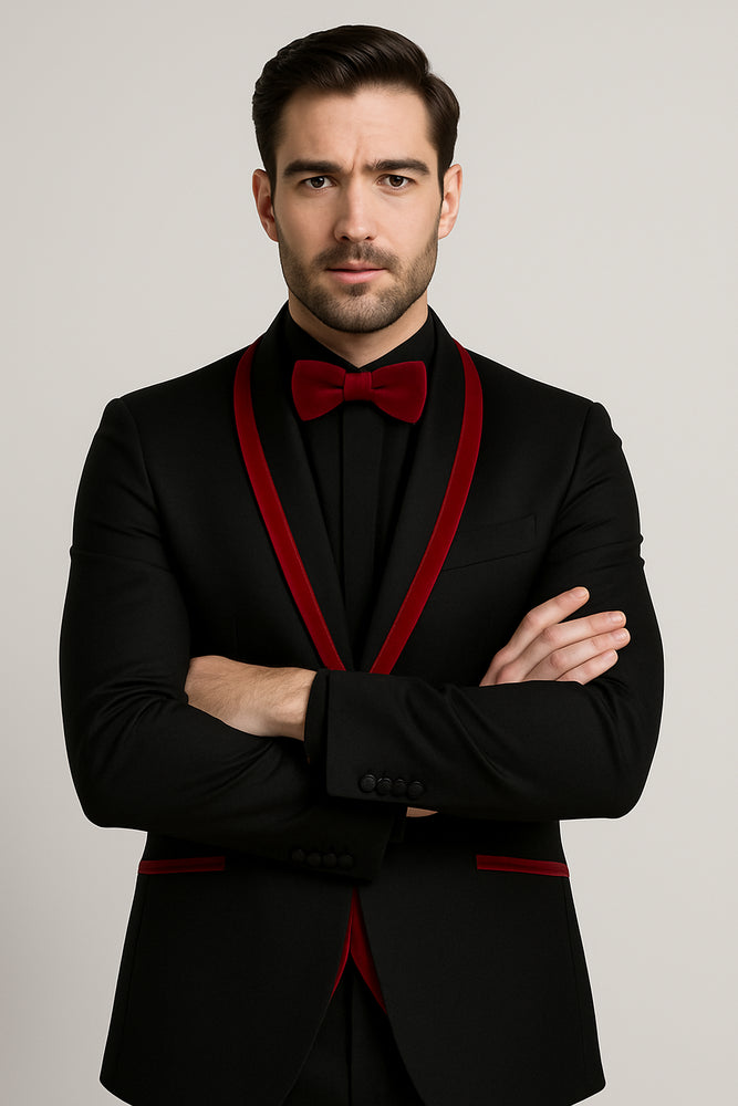 Prom 2026 ~ Wedding Tuxedo Dinner Jacket Black/Burgundy Trim