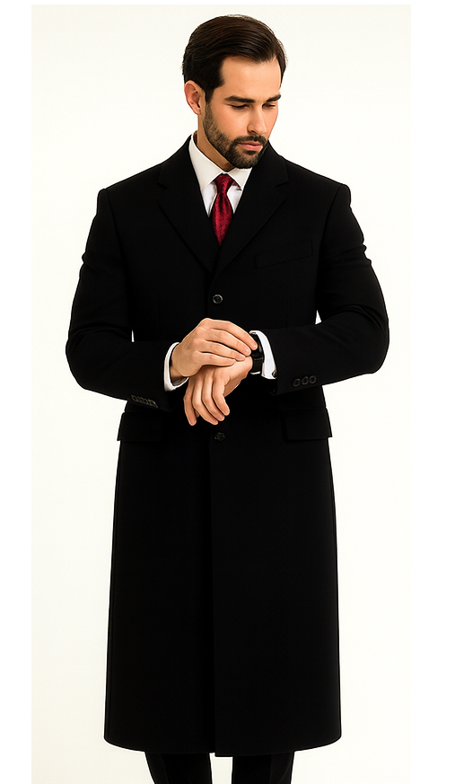 Black Cashmere Chesterfield Overcoat – 1920s Full Length Topcoat