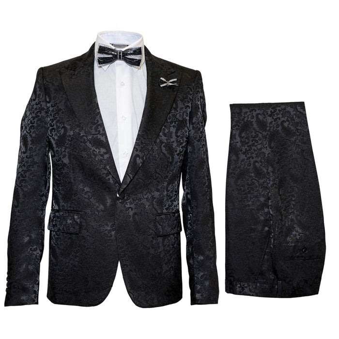 Obsidian Royale Black Jacquard 3-Piece Gala Suit by Rossiman