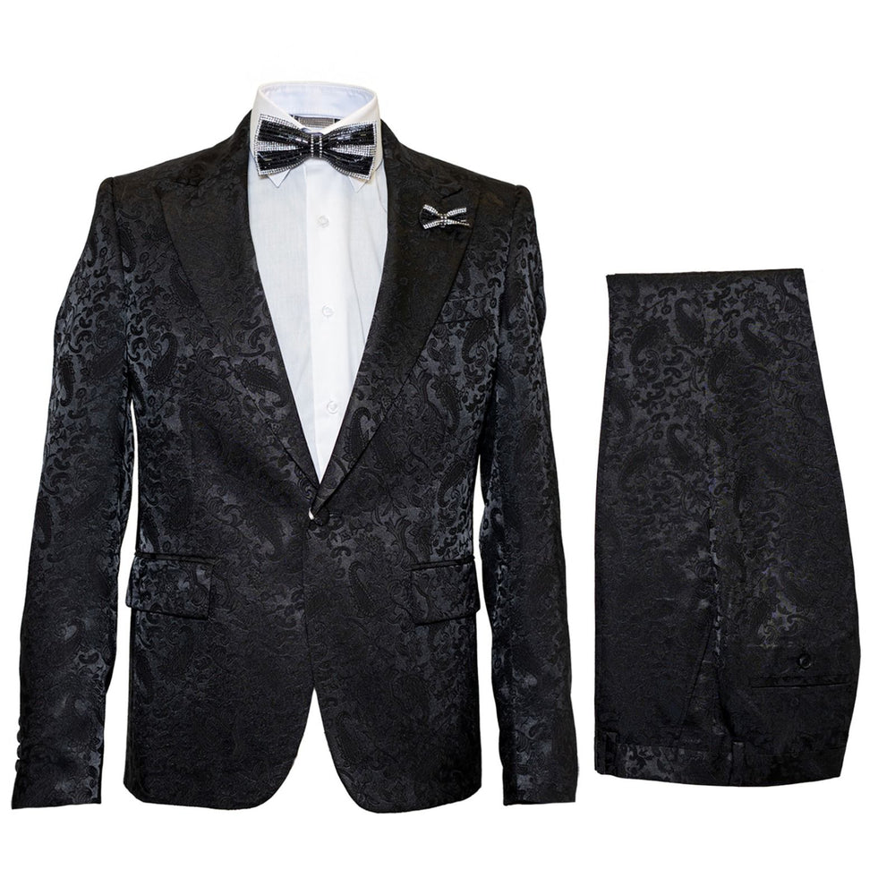 Obsidian Royale Black Jacquard 3-Piece Gala Suit by Rossiman